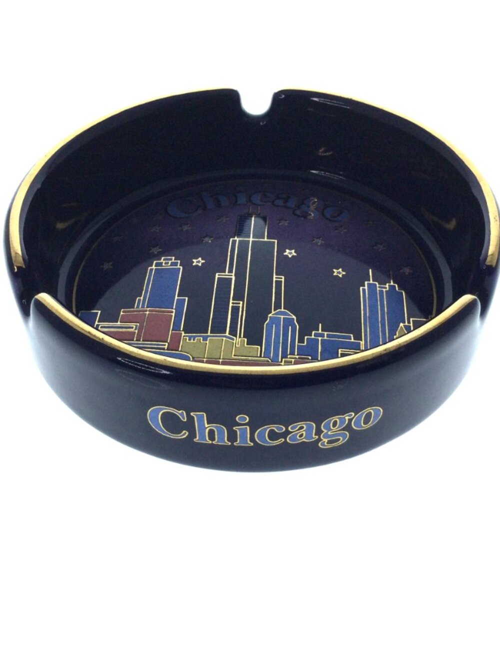 Vintage Chicago 3.5” Ashtray Skyline Blue Ceramic Gold Tone Trim‎ Souvenir